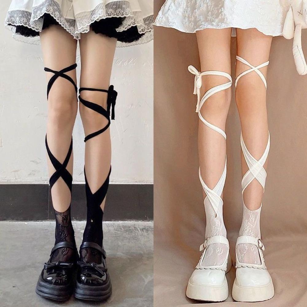 2Pairs Irregular Straps JK Lace-up Stockings Hollow Mid Tube Socks Women Lolita Lace Stockings  Gift