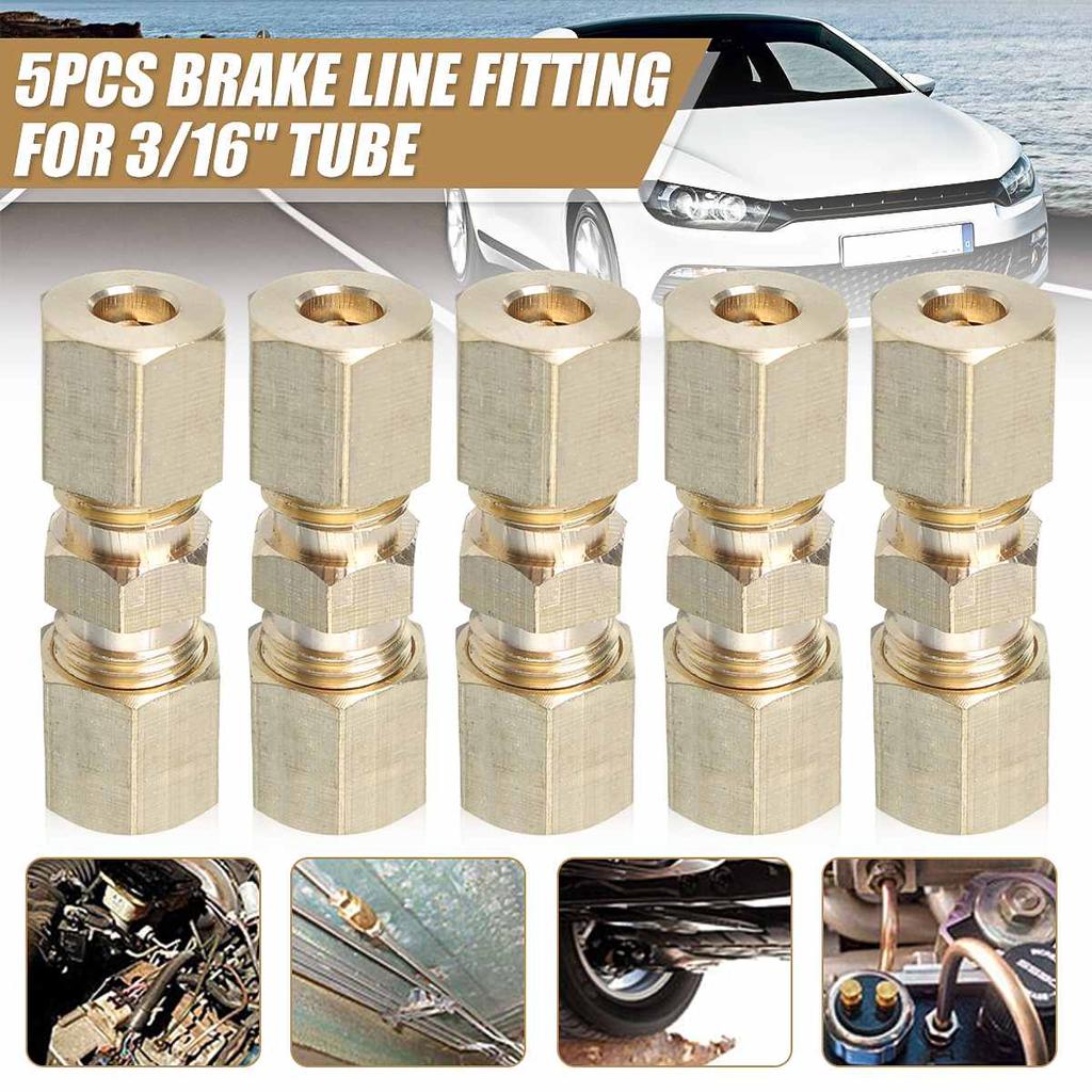 5pcs Brass Brake Line Union Fittings Straight Reducer Compression Kits Connector 3/16" OD Hydraulic Brake Lines Pipe 33 X 10mm