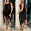 Women Evening Dress Slant Tassel Hem Sequin One Sloping Shoulder Sleeveless Bodycon
