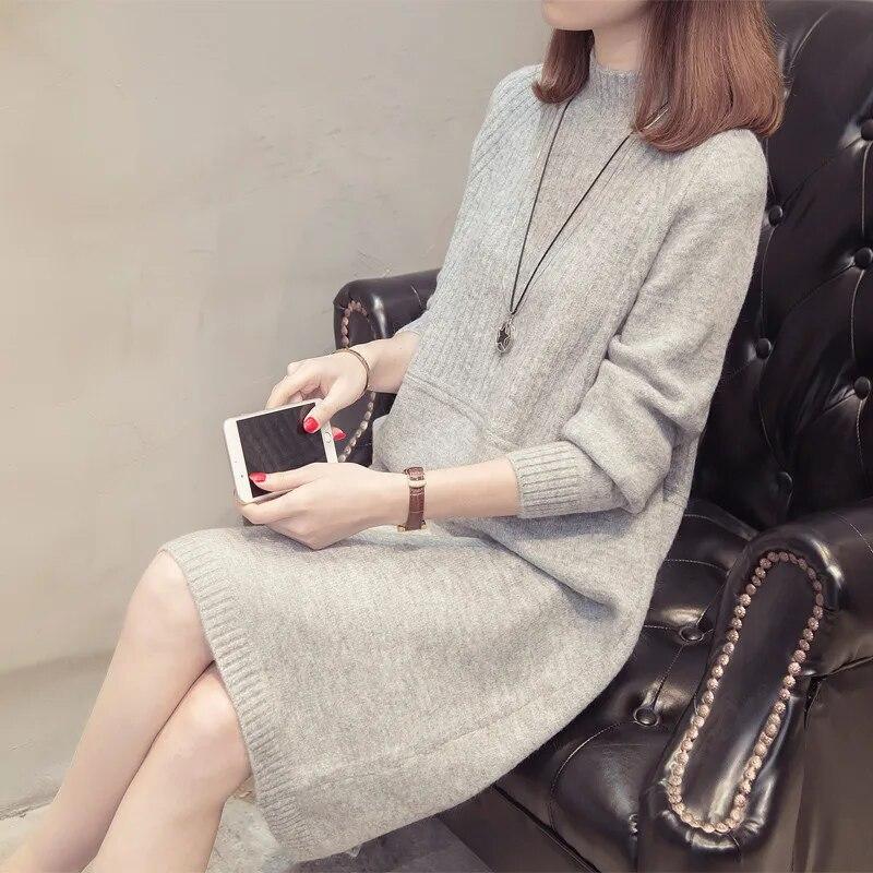 Turtleneck Sweater Dress Women Autumn Winter Knitted Pullovers Sweaters Long Sleeve Jumper