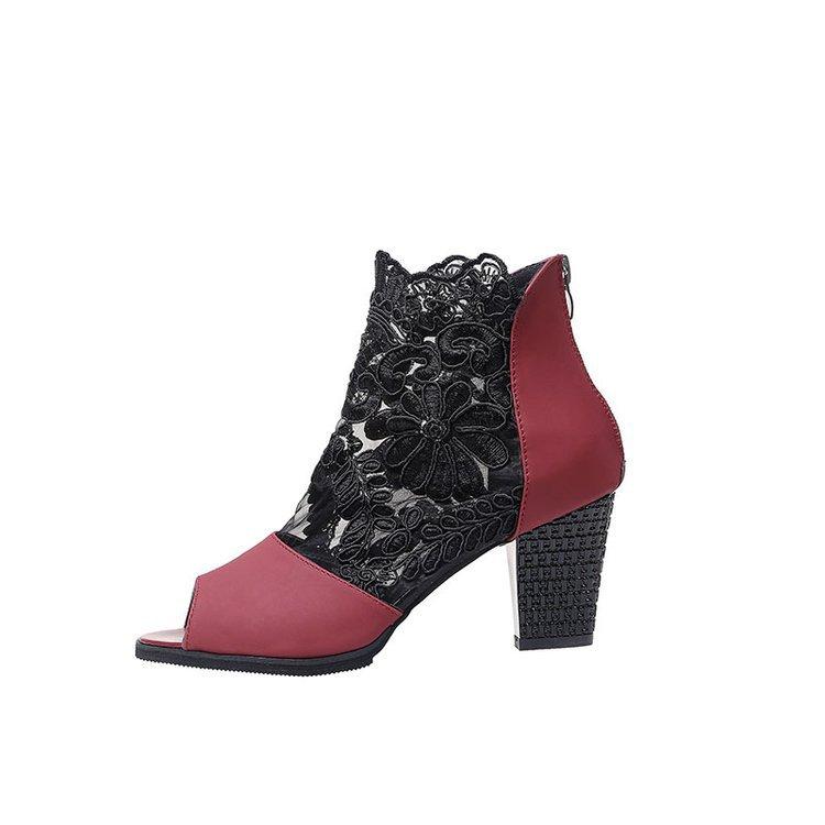 Женские летние и осенние новые сетчатые полые сандалии с рыбьим носком, большого размера, на толстом каблуке, дышащие, кружевные туфли на высоком каблуке