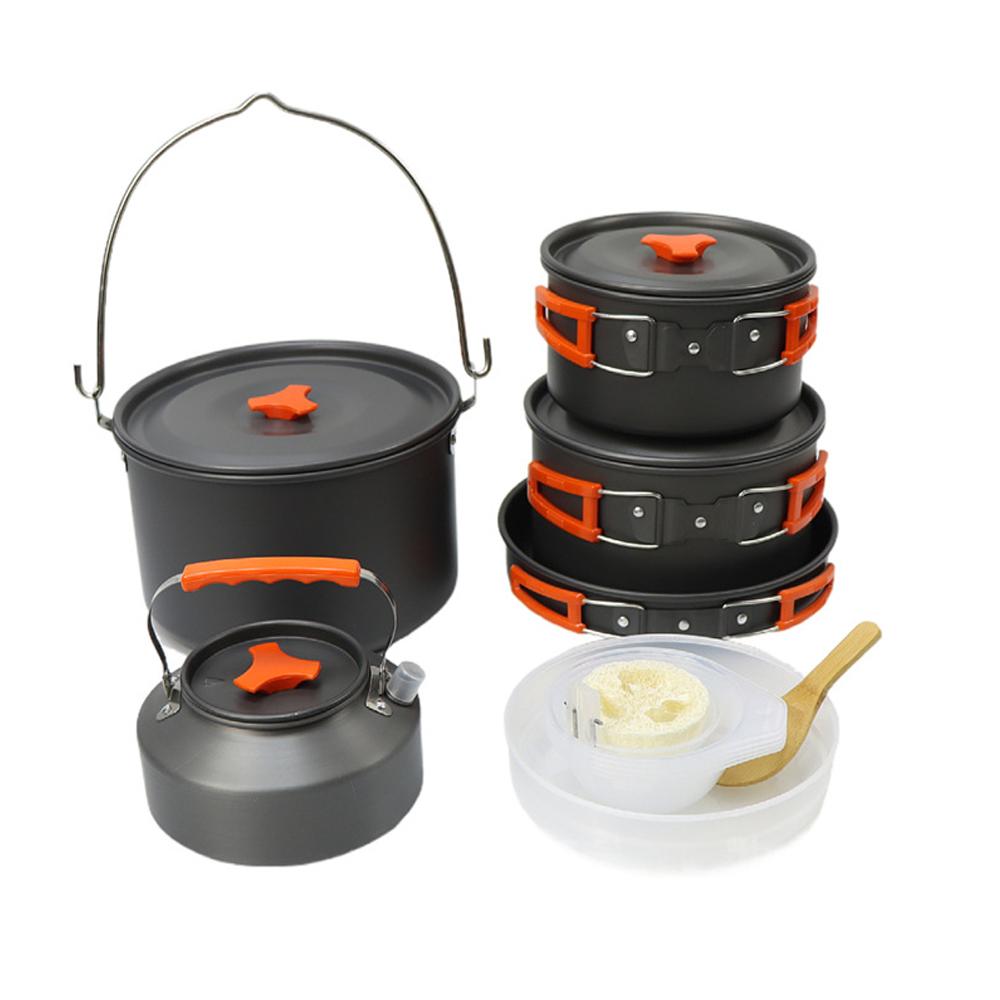 Набор походной посуды, переносная утварь и посуда для использования на открытом воздухе на 5-8 человек, набор алюминиевых кастрюль с чайником для кипячения, сковорода, столовые приборы