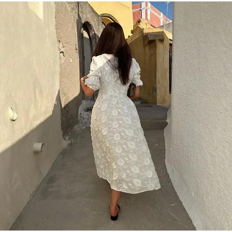 Белое печатное однобортное платье с разрезом для женщин, модные платья с V-образным вырезом и коротким рукавом, летние женские платья для отдыха на пляже