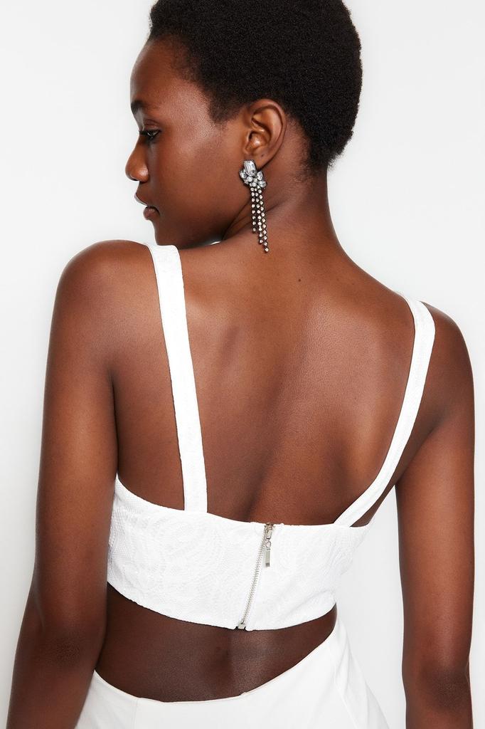 Women's Fashion New Bustier Ecru Crop Lined Bias Lace Bustier