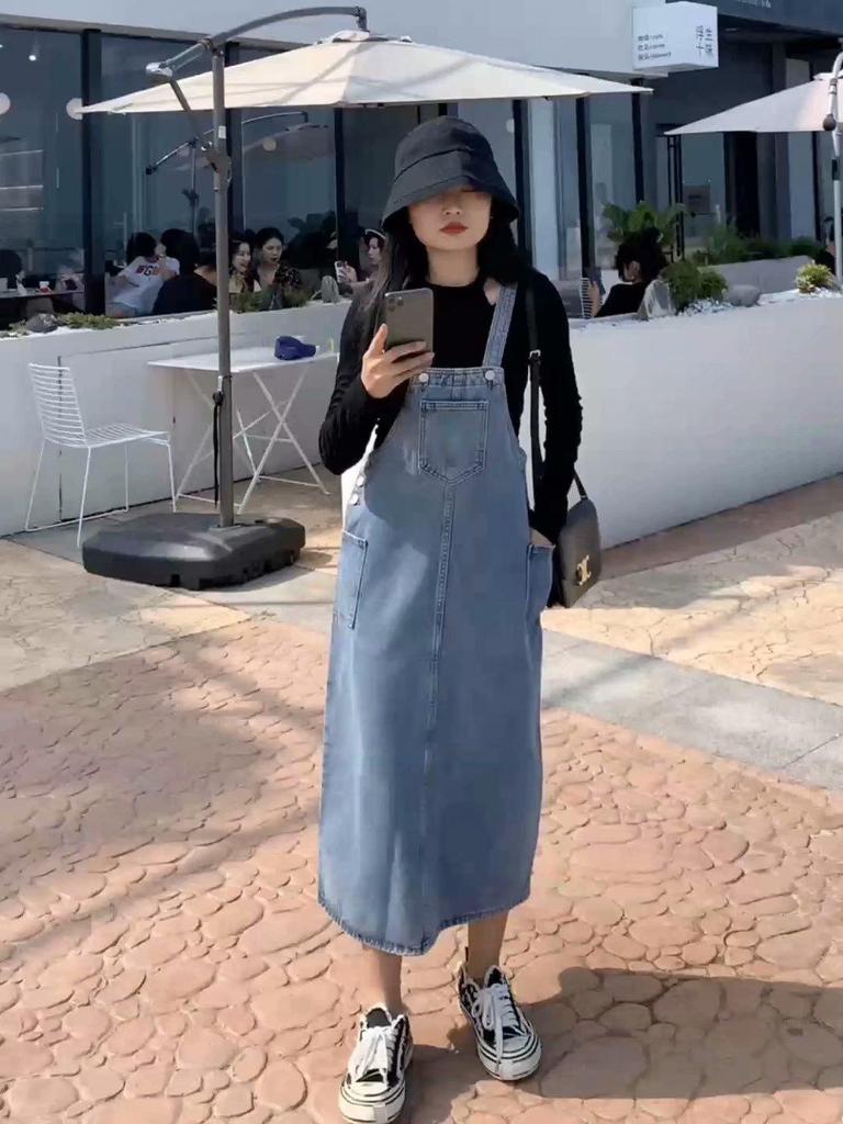 2024 Autumn/Winter Korean Retro Washed Denim Midi Skirt - Loose Fit Overalls for Women Students