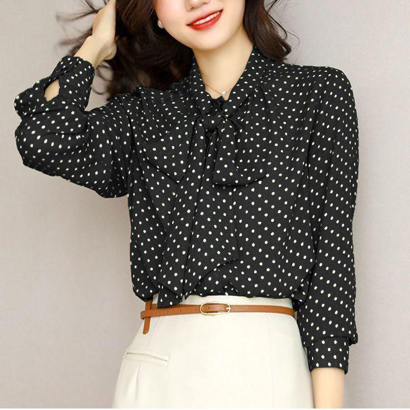 Spring Autumn Shawl Collar Long Sleeve Blouse Women's Bow Polka Dot Printing Cardigan Elegant Thin Style Shirt
