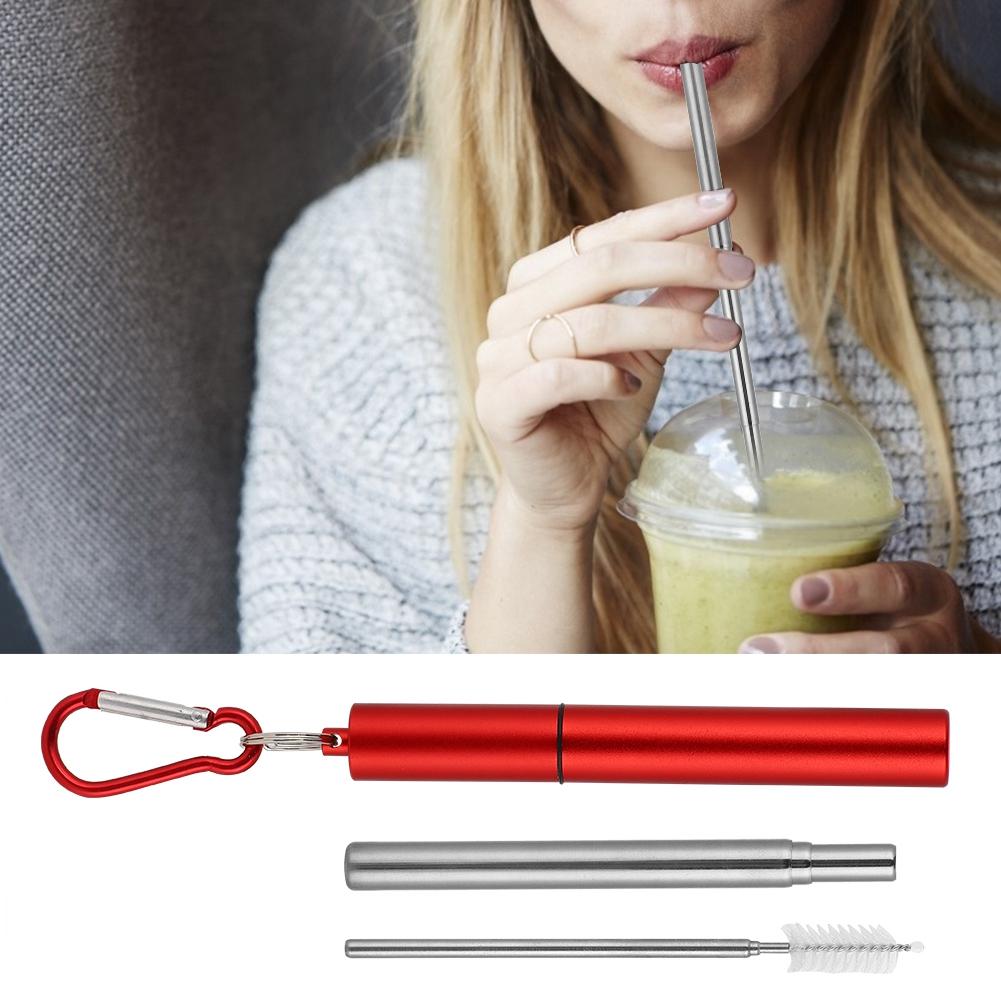 Выдвижной многоразовый комплект из нержавеющей стали(Красный алюминиевый кейс Соломинка + Щетка Карабин )