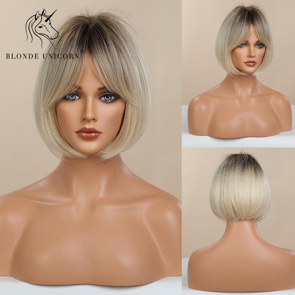 BLONDE UNICORN Синтетический короткий боб, волнистый парик, темно-коричневый с челкой, парики для вечеринок в стиле Лолиты, повседневные волосы для женщин, термостойкие
