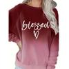 Plus Size Spring Casual Sweatshirt, Women's Ombre & Letter & Heart Print Raglan Sleeve Round Neck Slight Stretch Pullover Top