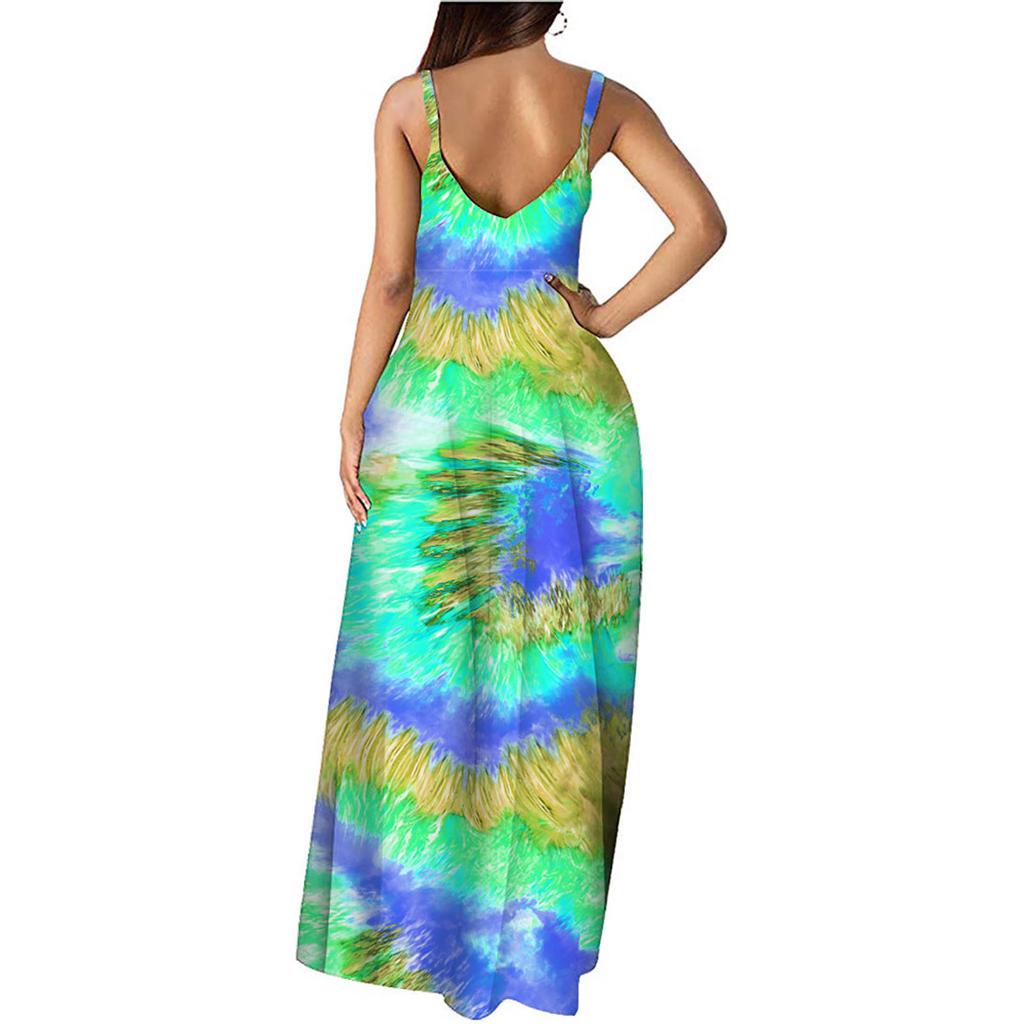 Women Gradient Tie-Dye Sleeveless V Neck Maxi Dress Sundress Beach Long Dres