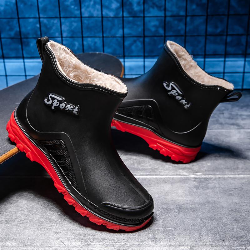 Модные дождевые ботинки мужские короткие водонепроницаемые ботинки флисовые теплые кухонные рыболовные нескользящие резиновые ботинки мода