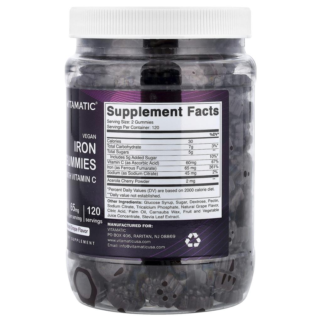 Vitamatic, Vegan Iron Gummies with Vitamin C, Grape Flavor, 240 Gummies