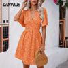 Women's Dress Summer V-Neck Mid Sleeve Printed High Waist Floral Pleated Dresses