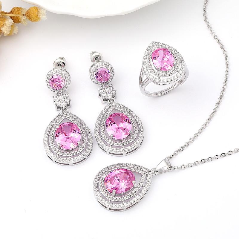 European and American Water Drop Zircon Three-piece Necklace, Earrings, Ring Set, Multi-color Bridal Wedding Fashion