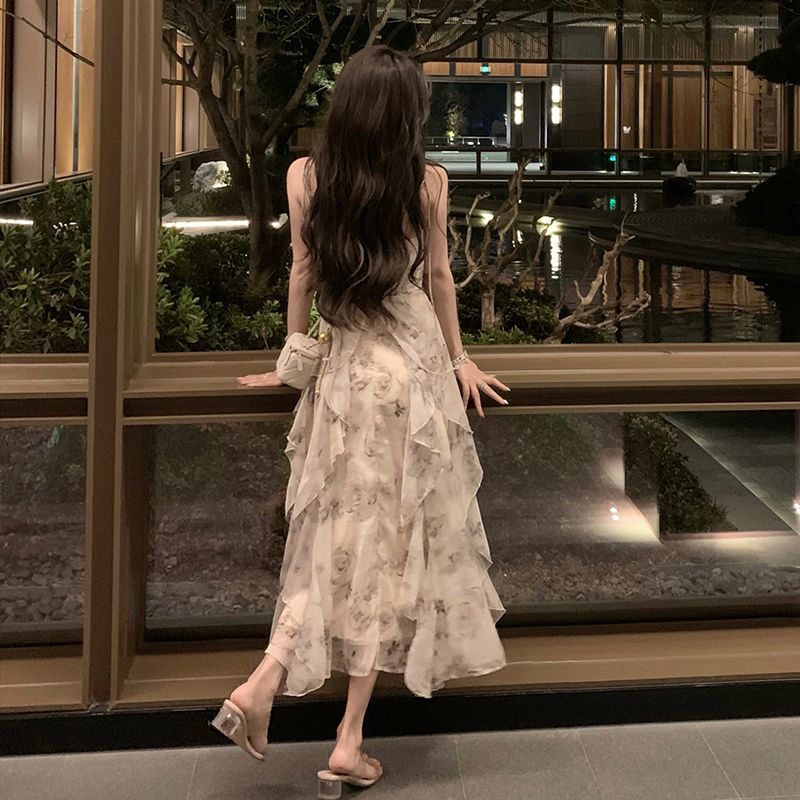 Винтажное принтованное платье для женщин с бретельками без рукавов, облегающее, с оборками, шифоновое, повседневное, корейское, длинное, женская одежда, лето