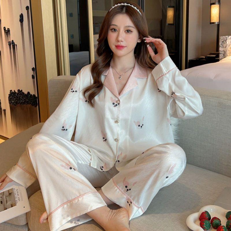 Шелковая пижама женская кардиган с длинными рукавами и длинными штанами пижамный комплект с принтом Kawaii Одежда Домашняя одежда