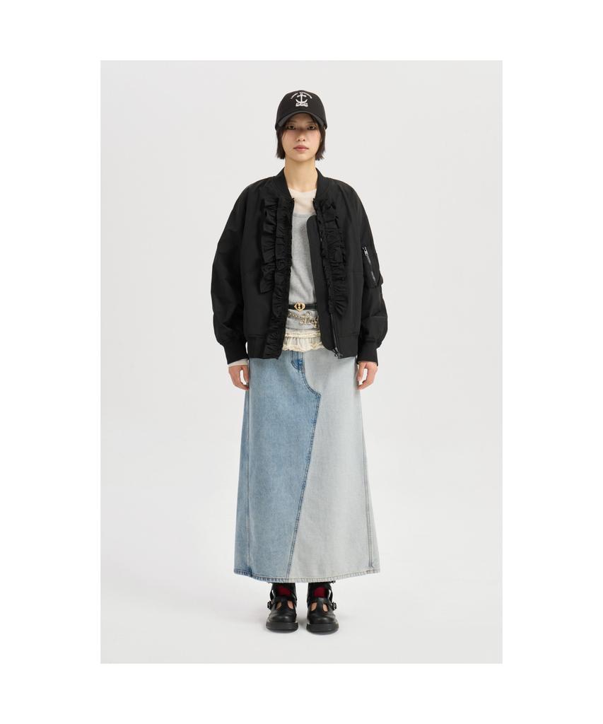 LUCKY CHOUETTE Back Banding Color Block Long Denim Skirt (Blue) Lfpdm25320Bux