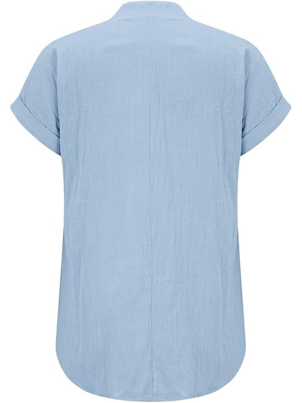 Европейская женская хлопково-льняная рубашка с коротким рукавом, отложным воротником и пуговицами