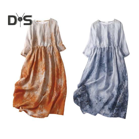 Женское летнее льняное платье больших размеров, повседневное платье-миди с цветочным принтом и круглым вырезом, рукавом 3/4, свободное струящееся пляжное платье-сарафан