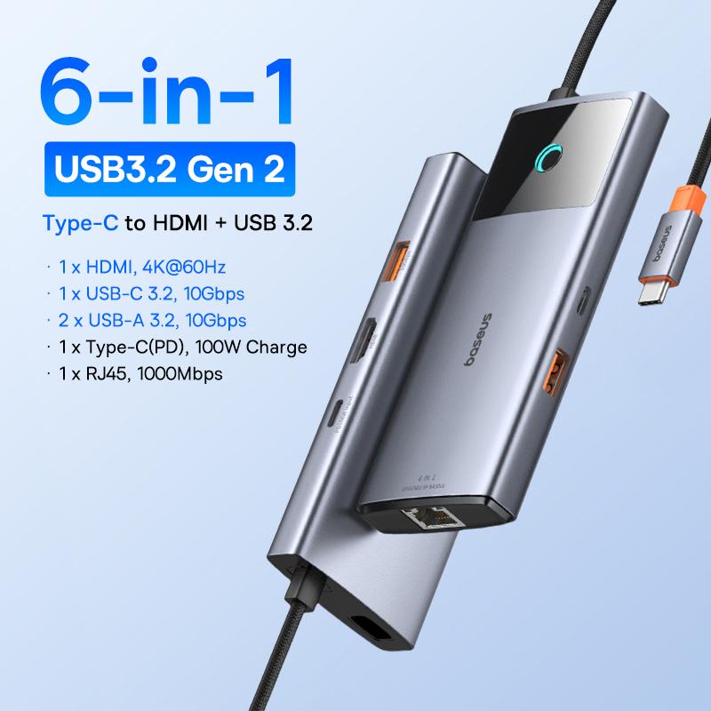 Baseus USB C ХАБ Двойной HDMI 8K 4K Адаптер 10-в-1 USB 3.2 10 Гбит/с Разветвитель с RJ45 SD TF Type C PD 100 Вт для MacBook Pro Air ХАБ