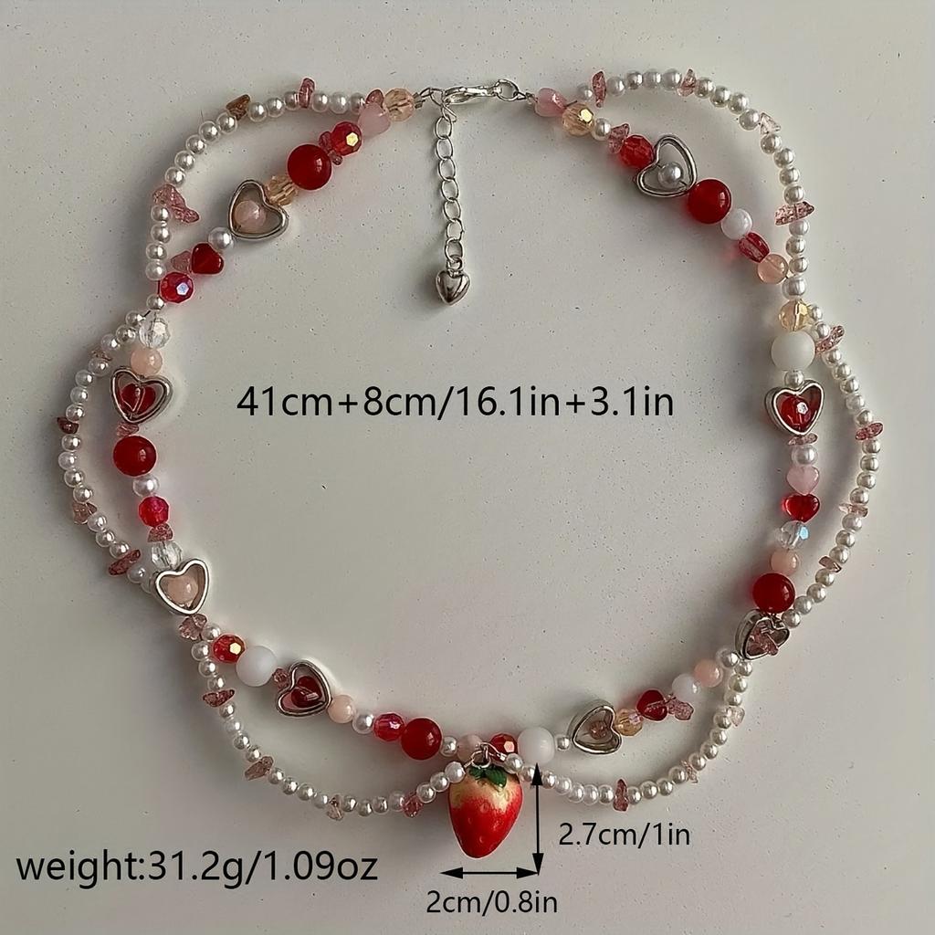 Яркое двухслойное ожерелье с подвеской в виде клубники, с искусственным жемчугом и кристаллами, модный аксессуар для повседневной носки для женщин