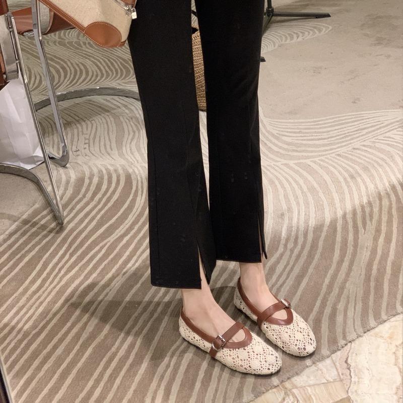 Sheepskin~ Breathable Hollow Crochet Splicing Shallow Mouth Flat Shoes with Mary Jane Shoes Women's Single Shoes