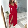 Women's Long Sleeve V Neck Festive Evening Dress with Long Slit