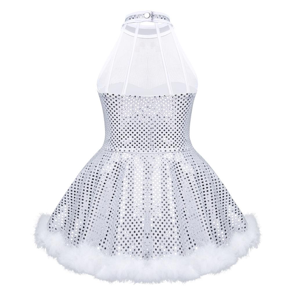Платье для танцев с открытой спиной, костюм снеговика для девочек, без рукавов, сетка с блестящими пайетками для катания на роликах, кружения