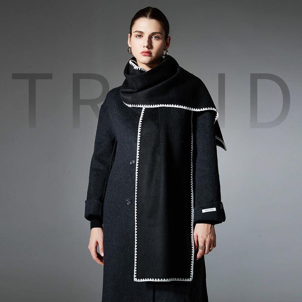 Women Long Warm Wool Blend Scarf Contrast Stitching Edge Soft Solid Color Neck Shawl Wrap for Autumn Winter Daily Coat Matching
