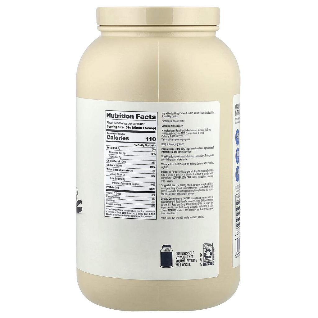 Isopure, Low-Carb Protein Powder, Vanilla Bean, 1.36 kg (3 lb)