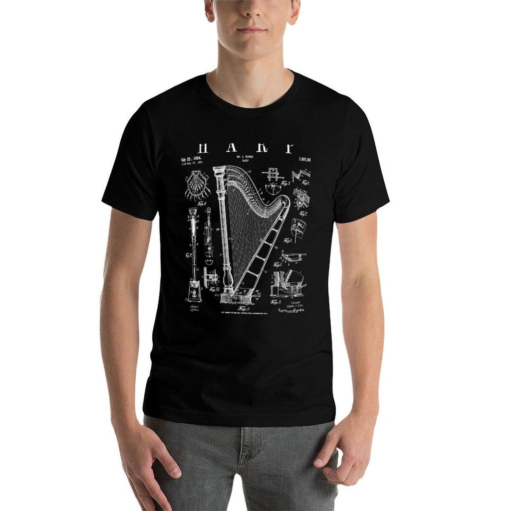 Harp Vintage Patent Harpist Drawing Print T-Shirt Cotton T Shirts Man 100% Printed T Shirts for Man Man T Shirts for Men T-Shirt