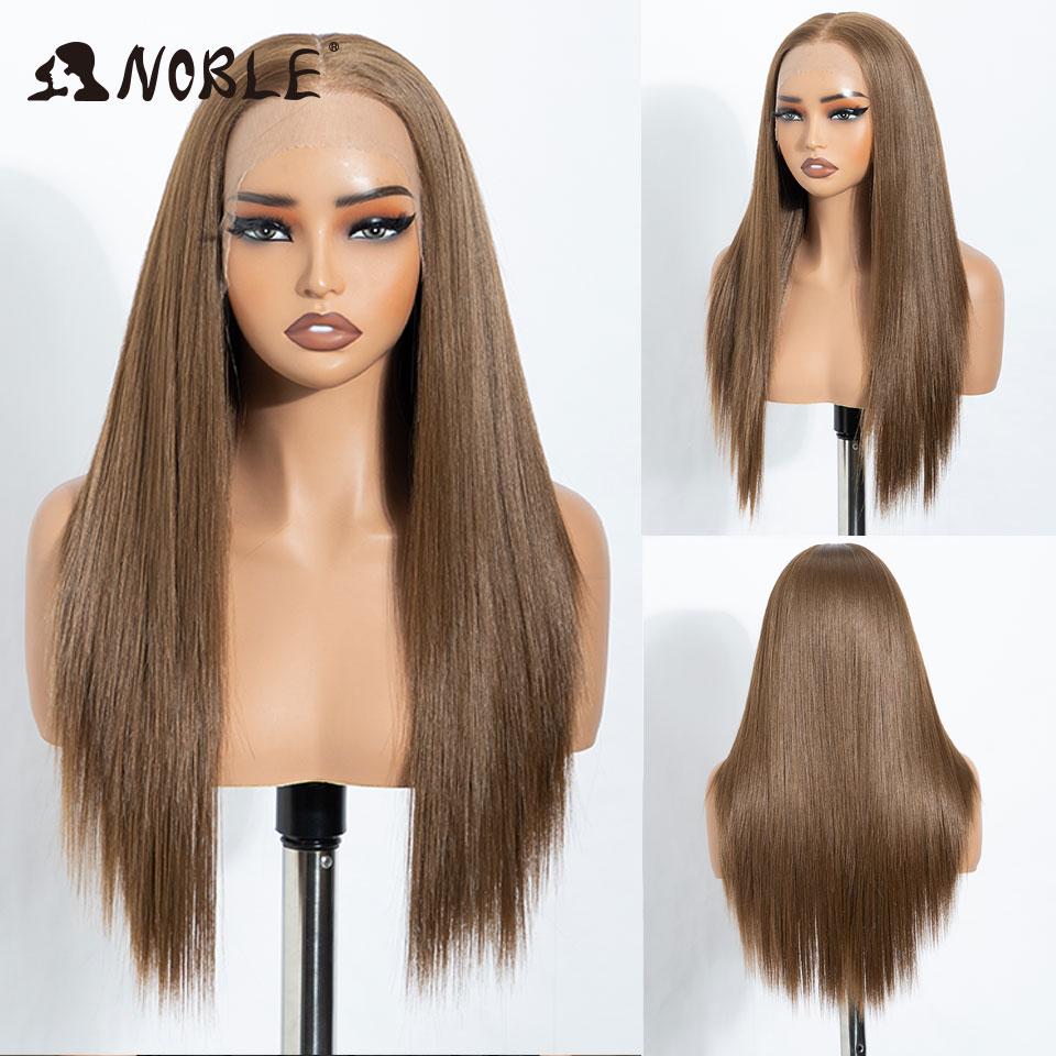 NOBLE 24 Inch13X6 Synthetic Lace Front Wig Highlight Brown White Streaks Straight Natural Hairline Heat Resistant For White Wome