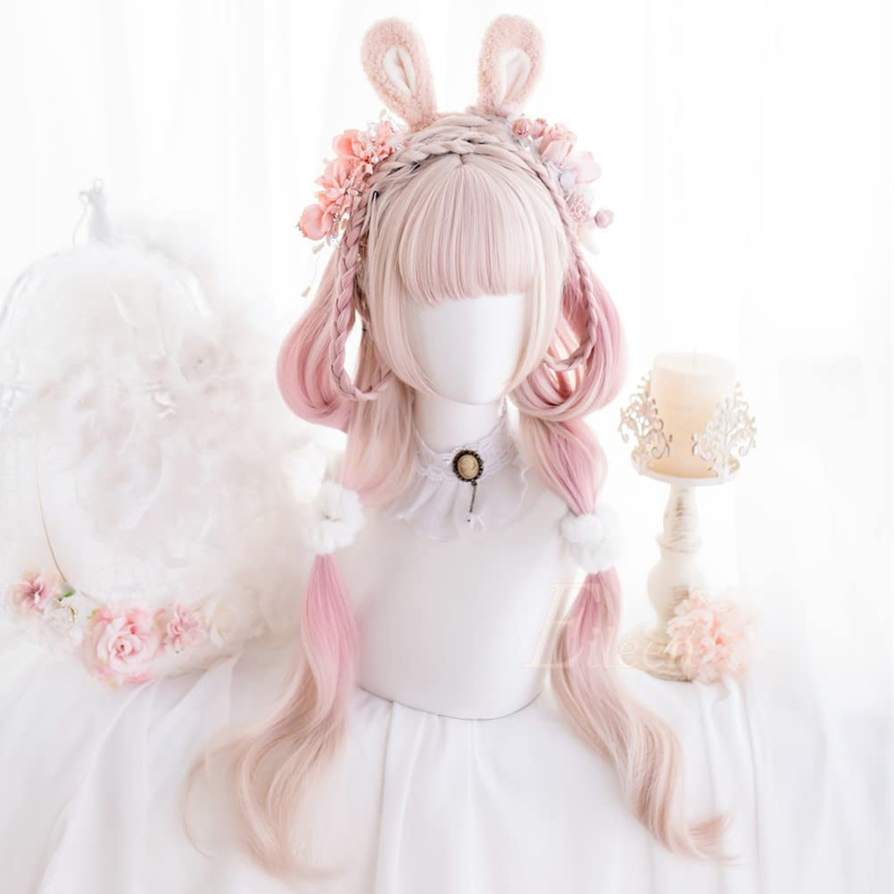 Парик Лолита RyuuCos Длинные волосы Кудрявые волосы Розовый парик Розовый градиент Косплей Термостойкая маскировка Настоящее событие Хэллоуин Рождество Школьный фестиваль