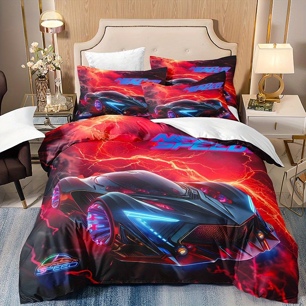 Комплект пододеяльников с принтом автомобиля Спидстер, Мягкое, удобное, дышащее постельное белье с застежкой-молнией, Полиэстер на спортивную тематику