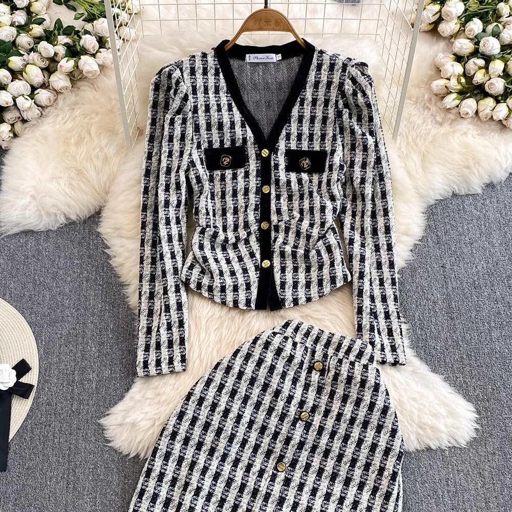Осенне-весенний клетчатый твидовый костюм с небольшим ароматом, женский короткий пиджак с v-образным вырезом, пальто + длинная юбка-карандаш на пуговицах, комплект из двух предметов
