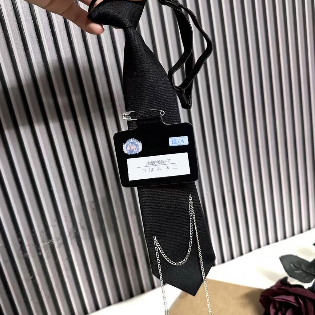 Campus Preppy Necktie with Pin Name Badge and Chain Student Uniform Adjustable Pre Tied Neck Tie Shirt Collar Neckwear