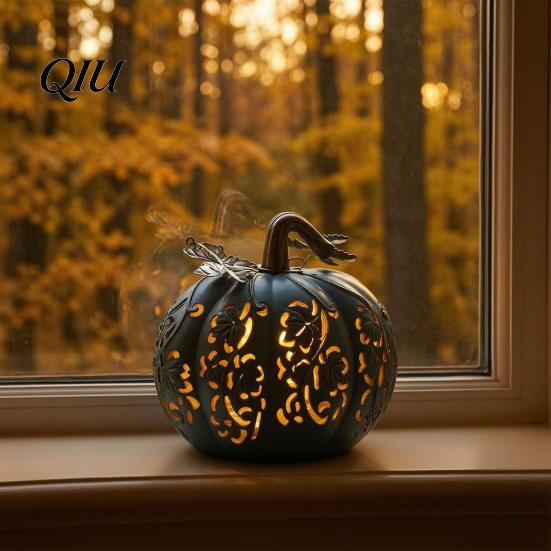 Retro Halloween Prop Light-Up Gourd Decoration, LED Twinkling Pumpkin Lantern, Resin Decorative Porch Figurine Ornament for Fall Indoor Outdoor