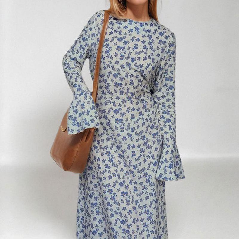 2025 весна новая женская одежда мода темперамент цветочный рог рукав круглый вырез длинное платье свободное повседневное платье