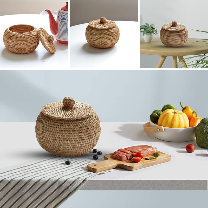 Wicker Storage Basket With Lid Round Fruit Basket Natural Rattan Lightweight Hand-Woven Storage Basket Home Sundries Snack Box