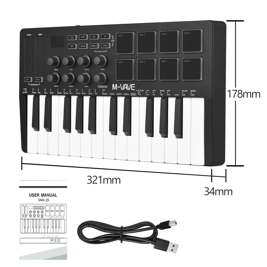 MIDI-клавиатура SMK-25, 25 клавиш, чувствительная к силе нажатия, двойная поддержка Bluetooth/USB, встроенный аккумулятор, портативная и легкая, 8 RGB-подсвечиваемых пэдов