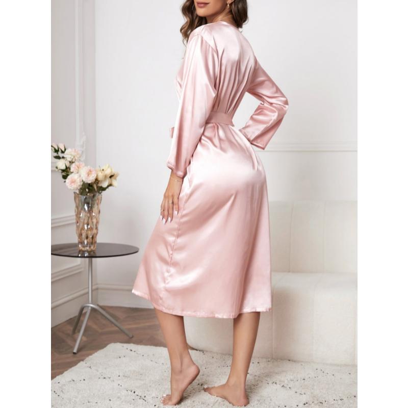 Sexy Women's Pajamas Women's Imitation Silk Pajamas Home Clothes Ice Silk Long-sleeved Casual Comfortable Lace-up Bathrobe