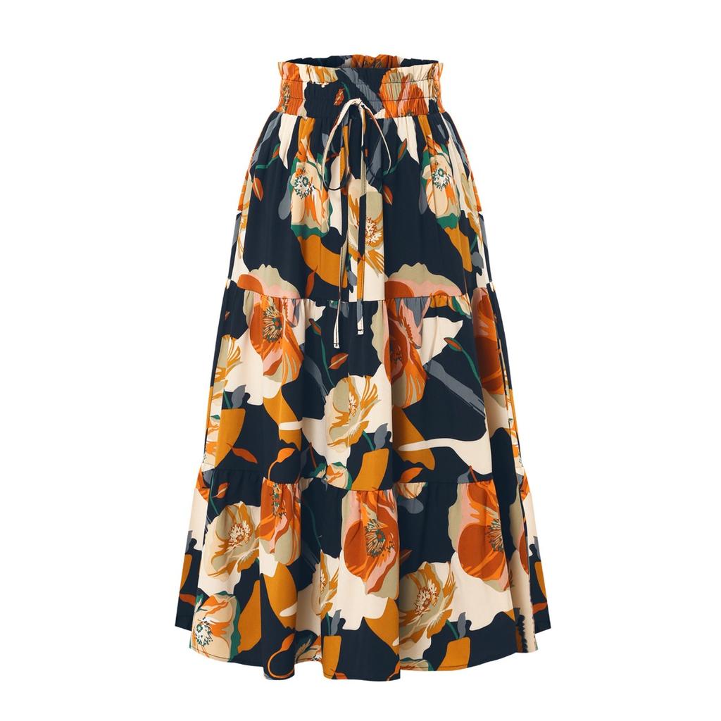 A-line Skirt, Pleated Skirt, Floral Print, Elastic Waist, Midi Skirt