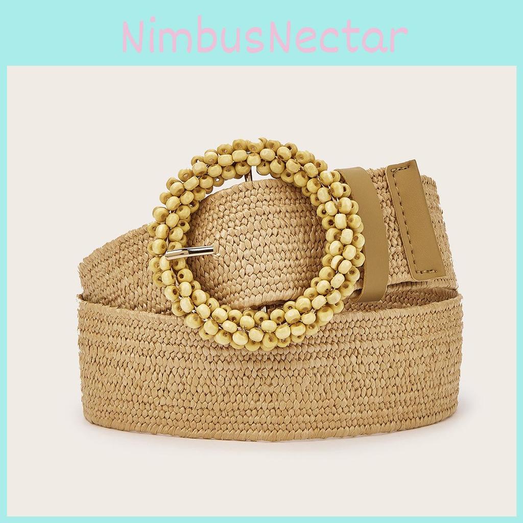 Simple Solid Color Bead Ring Buckle Decoration Women Woven Belt For Casual Ethnic Wear