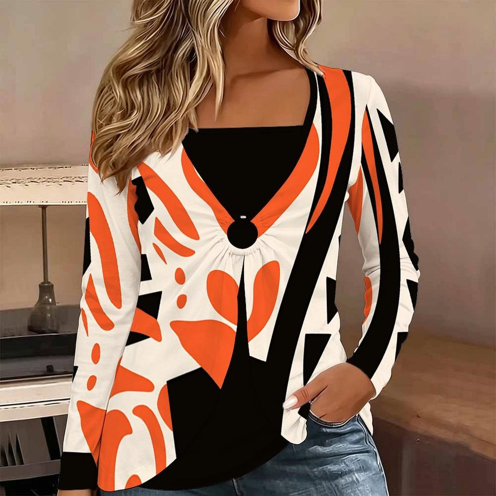 Tops for Women Geometric Line Pattern Long Sleeve Fake Two‑Piece Top Fall Casual Slim Pullover Women's Long Sleeve Top