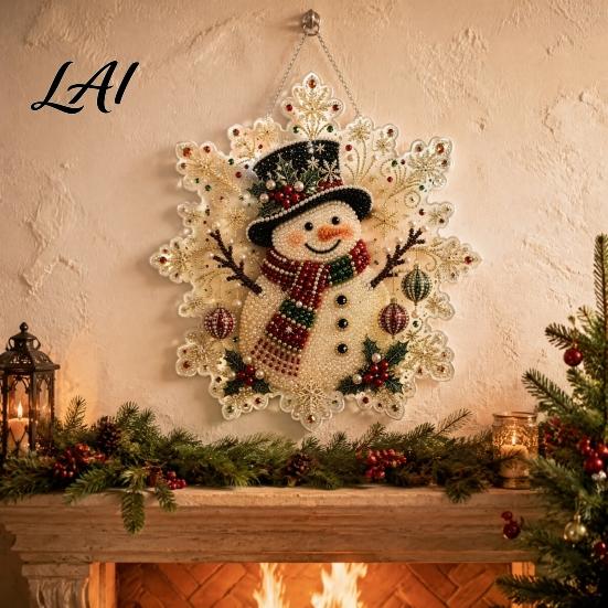 Festive Wall Hanging Ornament Christmas Faux Pearl Painting Suncatcher Kit Acrylic Snowflake Shaped Board with Lace Crystal Beading Craft Set