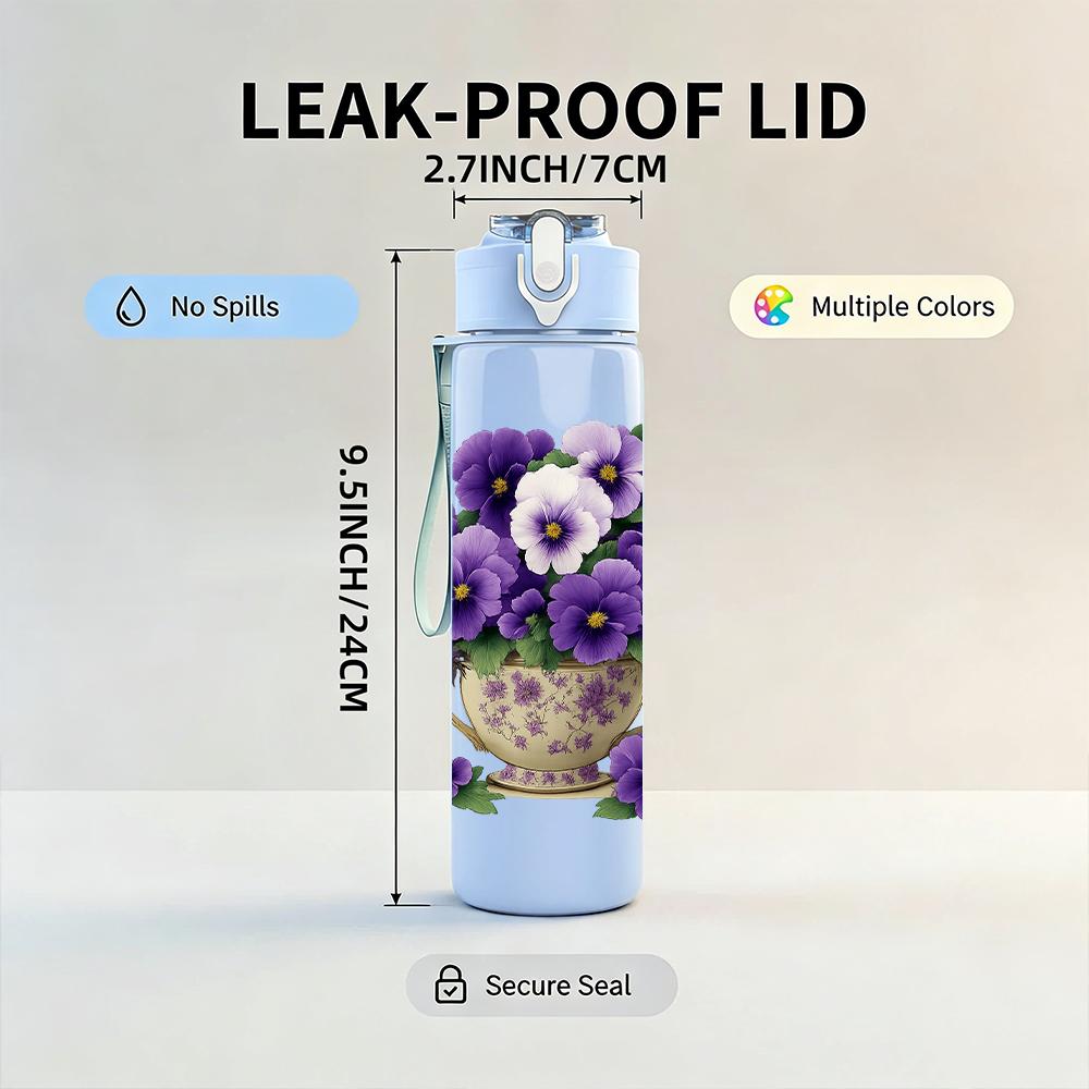 1PC Pansy Flower Pot Layout 750ml Color Plastic Sports Water Bottle Leakproof Flip Straw Lid For Sports Office Home Use