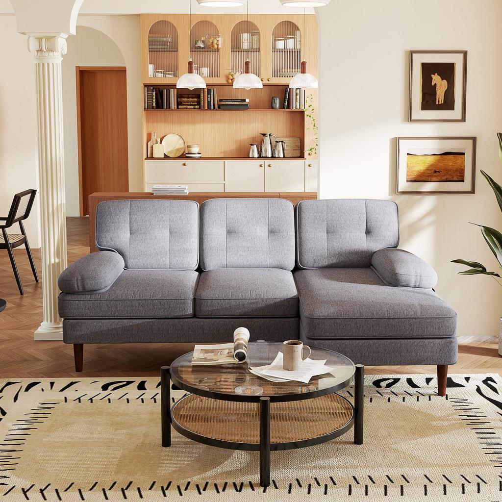 Corner Sofa, 3-Seater, L-Shape, Chenille, Wooden Legs, Armrests, 215 x 142 x 88 cm, Grey