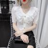 Female Summer Solid Colour Casual Short-sleeved T-shirt Fashion Lace Ruffle Top Temperament Sweet Chiffon V-neck Shirt