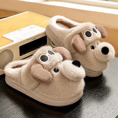 Женские зимние хлопковые тапочки с щенком, нескользящие, теплые, с бархатной подкладкой, два способа носки, милые пушистые тапочки с сумкой на толстой подошве, женские зимние