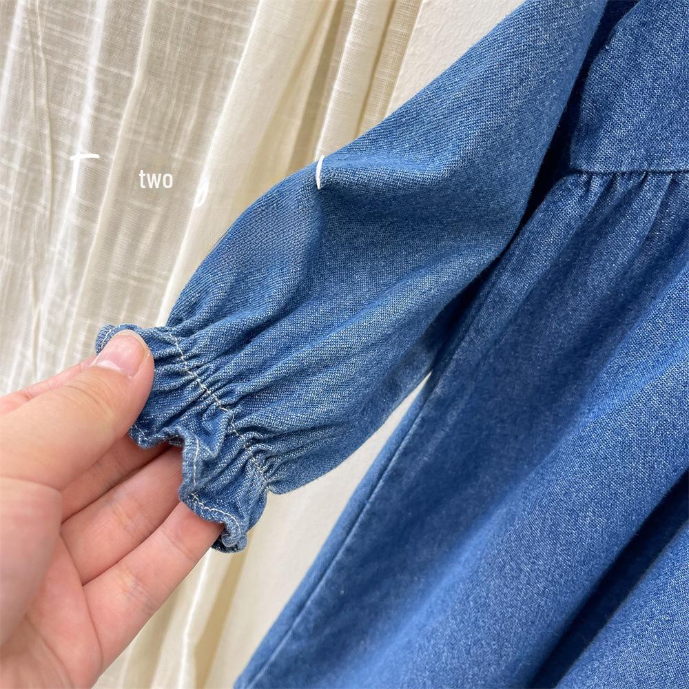 Детское джинсовое платье-юбка в корейском стиле: Кремовый с длинными рукавами, мода весны и осени 2025 года